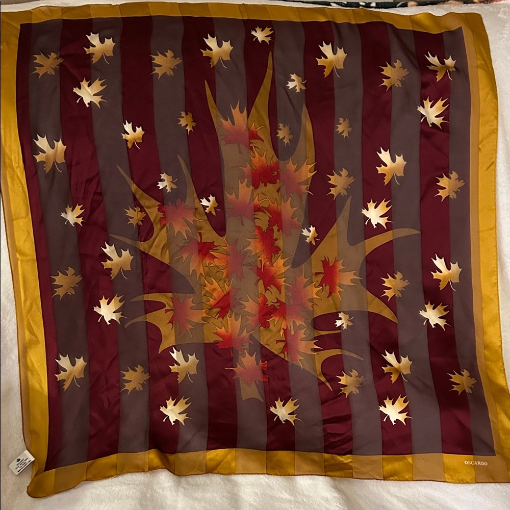 Burgundy and Gold Leaf Silk Scarf